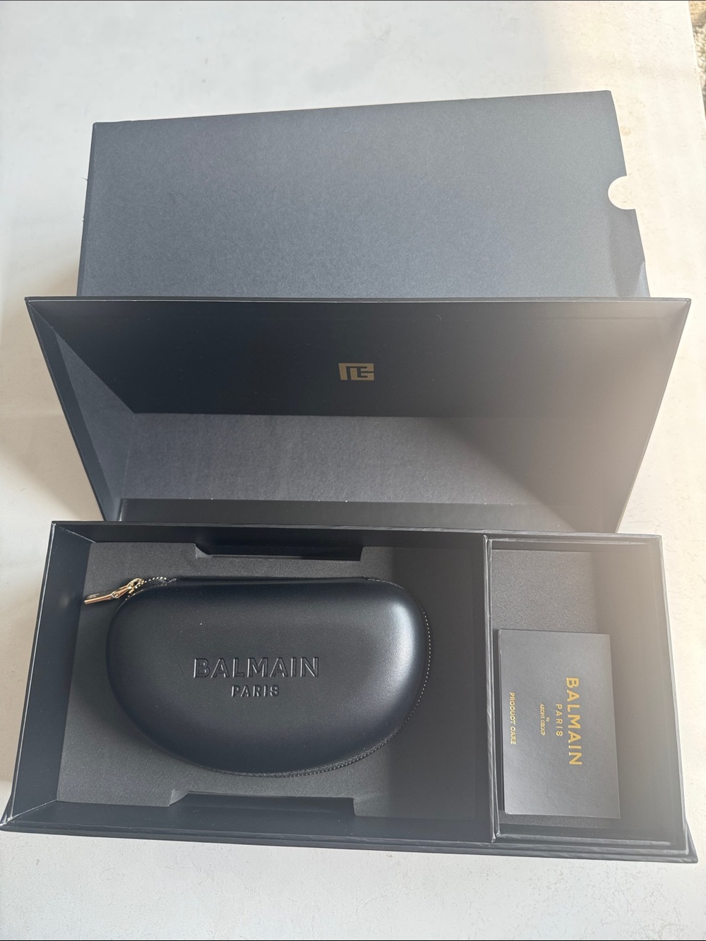 Balmain Black Sunglasses Case with Gold Zipper and Branded Box
